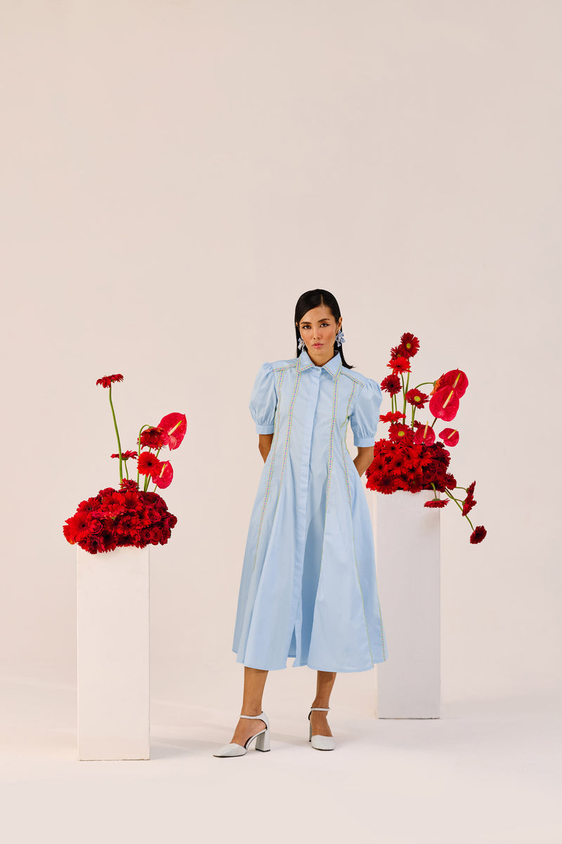 Powder Blue Puff-Sleeve A-Line Dress
