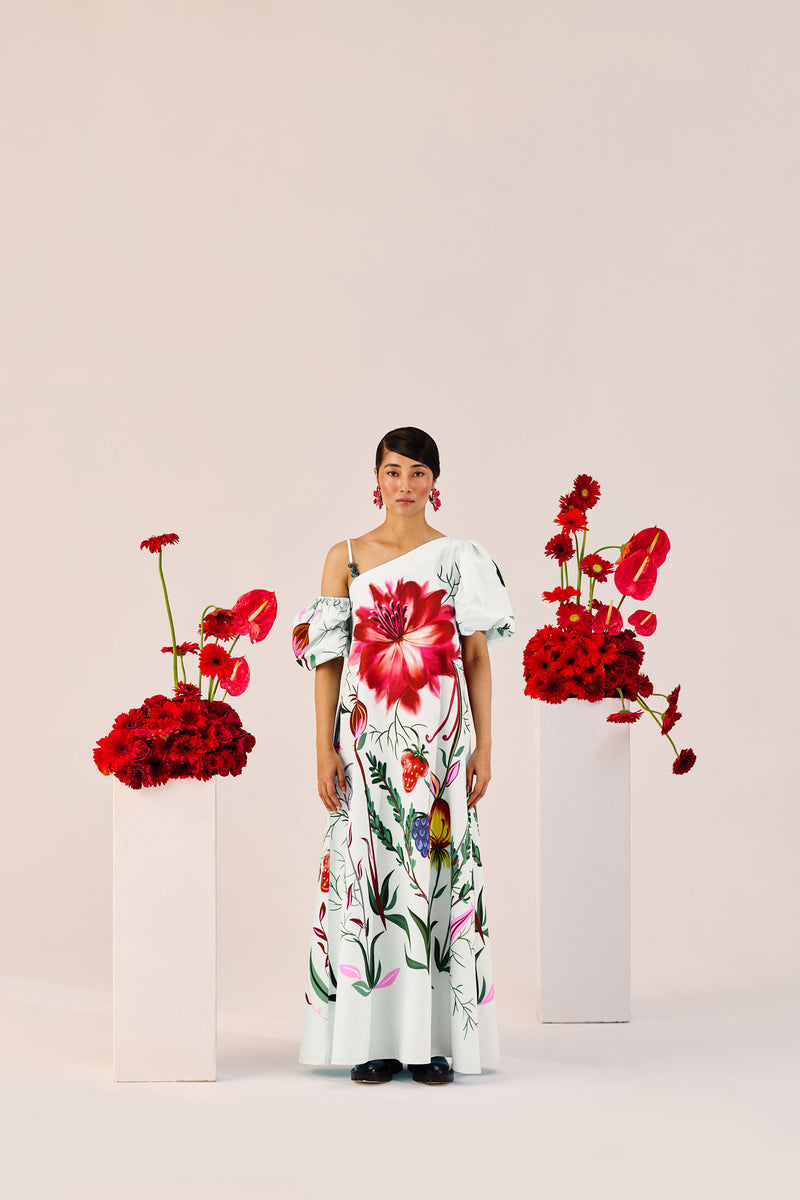 Ice Blue Floral One-Shoulder Maxi Dress – Statement Puff Sleeve