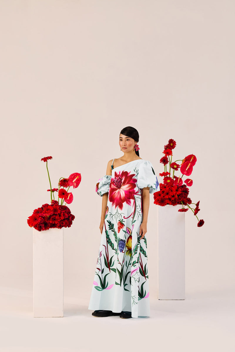Ice Blue Floral One-Shoulder Maxi Dress – Statement Puff Sleeve