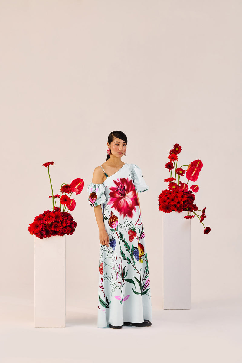 Ice Blue Floral One-Shoulder Maxi Dress – Statement Puff Sleeve