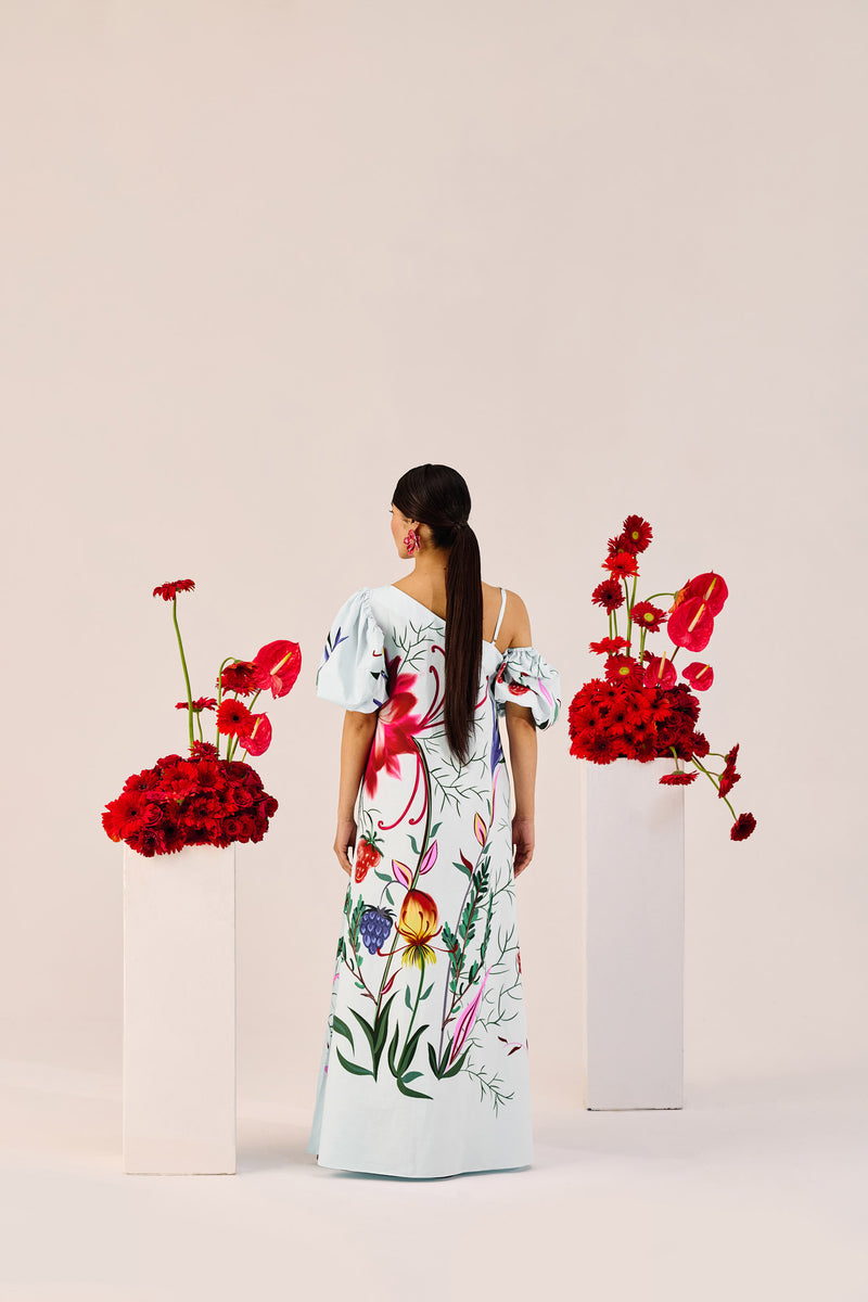 Ice Blue Floral One-Shoulder Maxi Dress – Statement Puff Sleeve