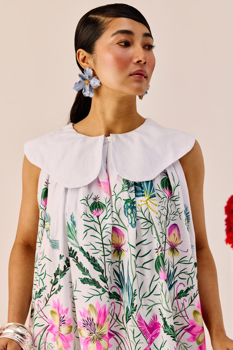 White Printed Peter Pan Collar Mini Dress