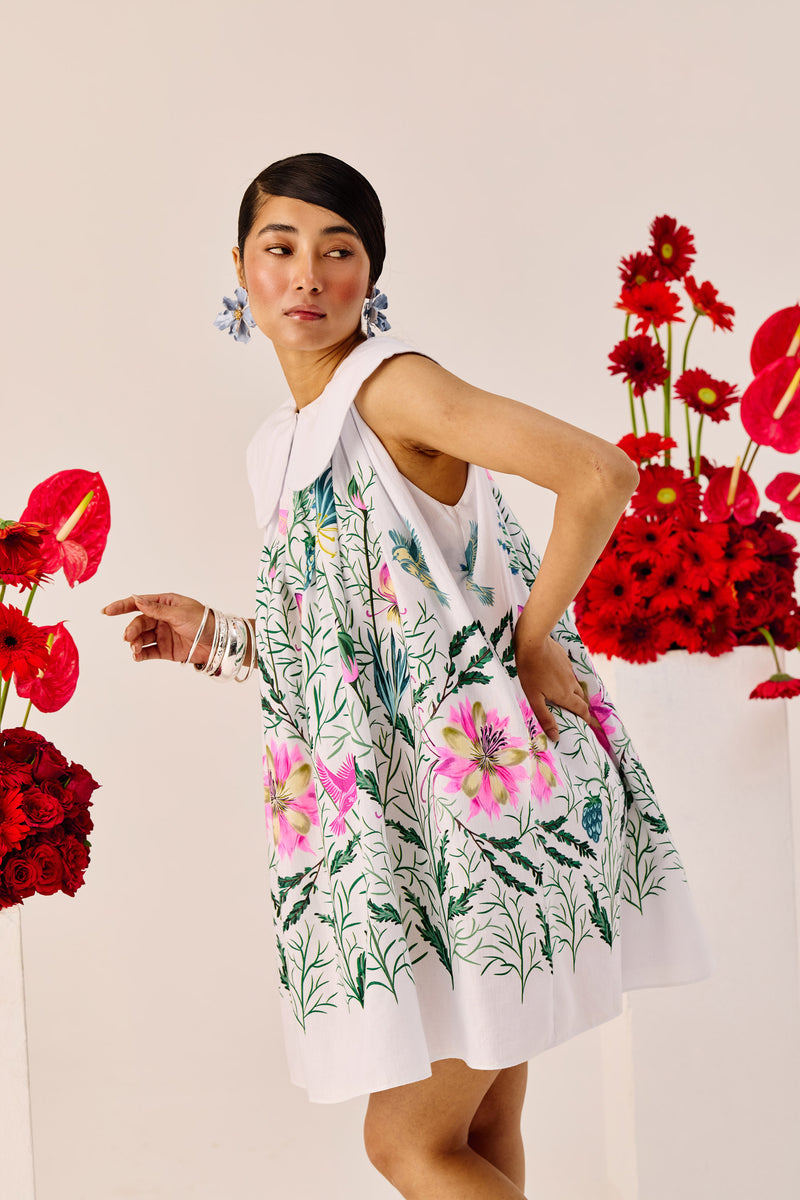 White Printed Peter Pan Collar Mini Dress