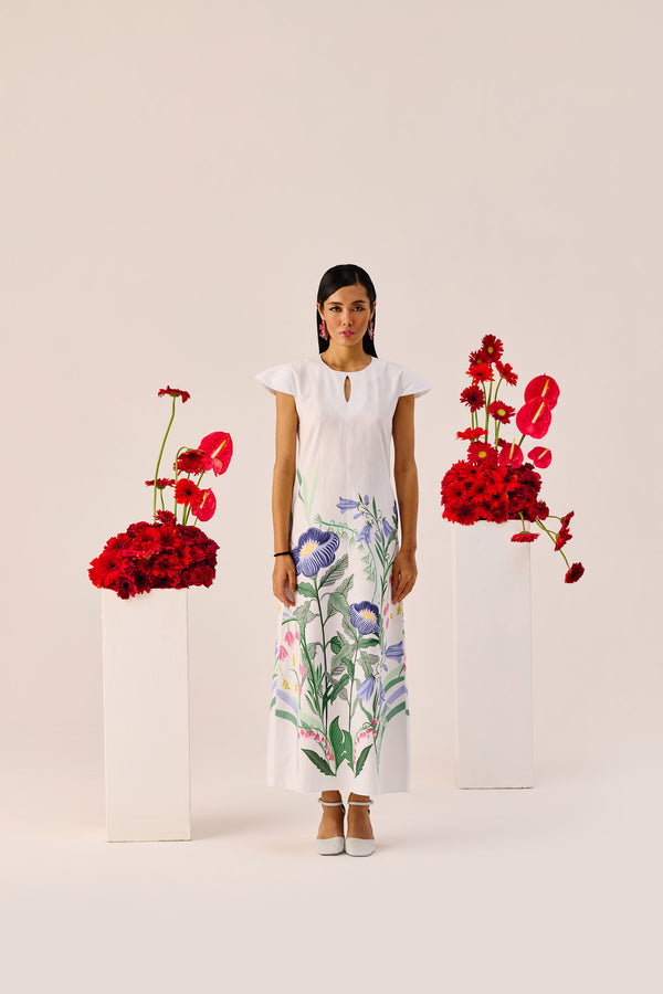 White Floral Flutter-Sleeve Maxi Dress