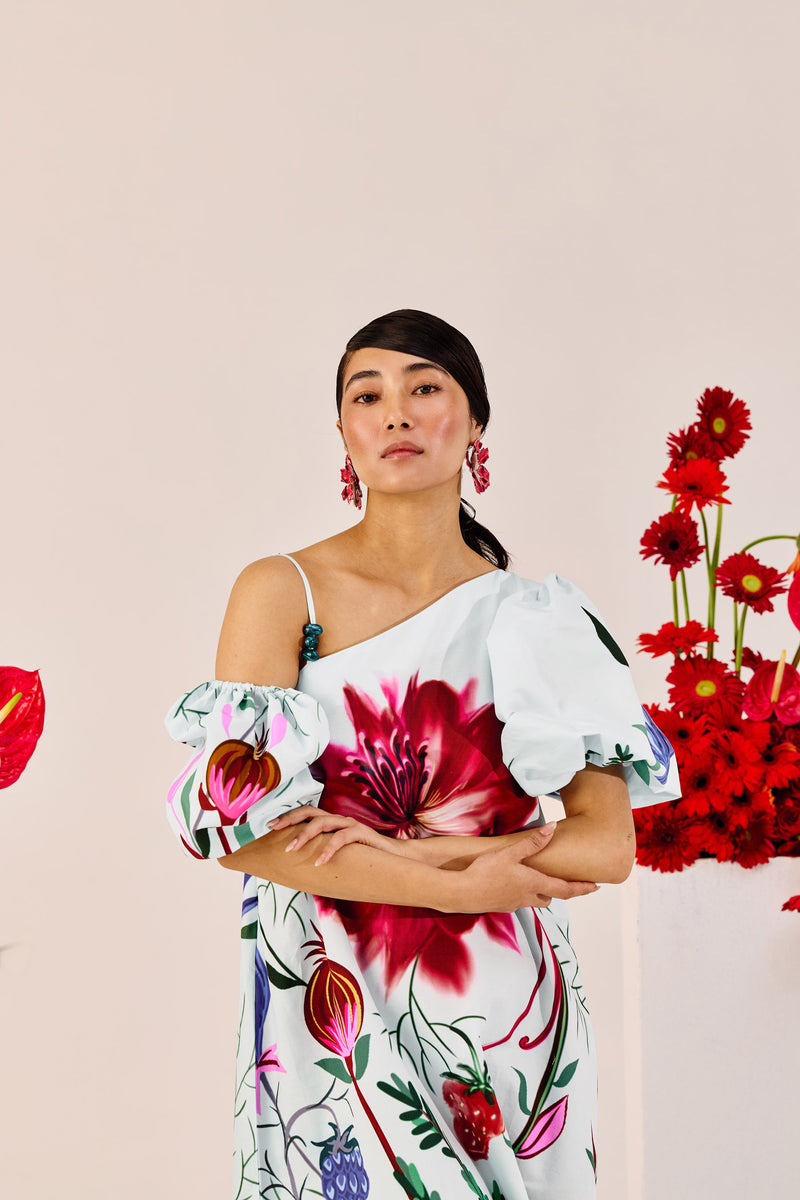 Ice Blue Floral One-Shoulder Maxi Dress – Statement Puff Sleeve