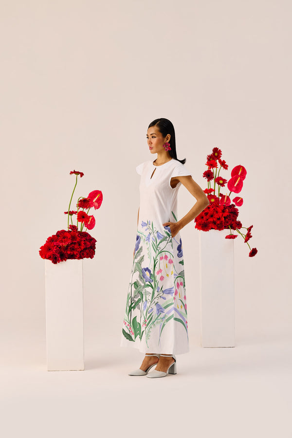 White Floral Flutter-Sleeve Maxi Dress