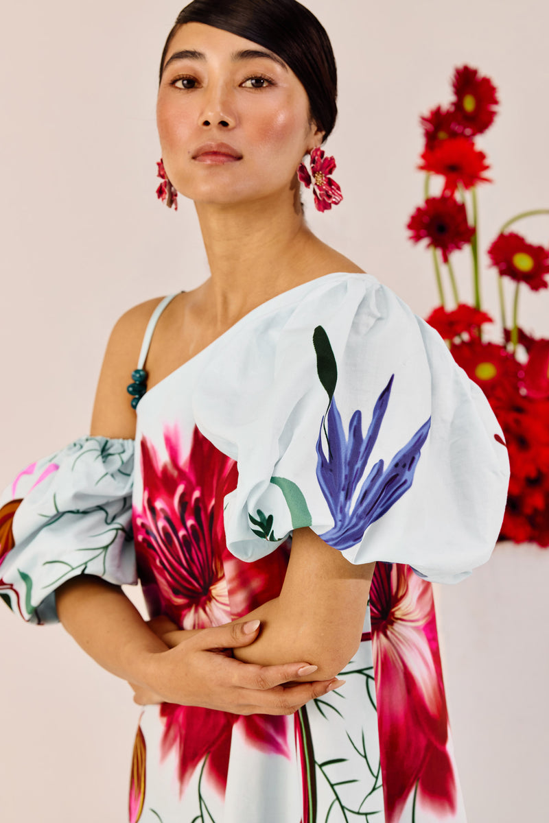 Ice Blue Floral One-Shoulder Maxi Dress – Statement Puff Sleeve