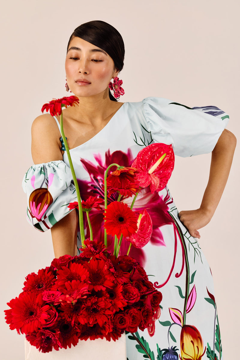 Ice Blue Floral One-Shoulder Maxi Dress – Statement Puff Sleeve