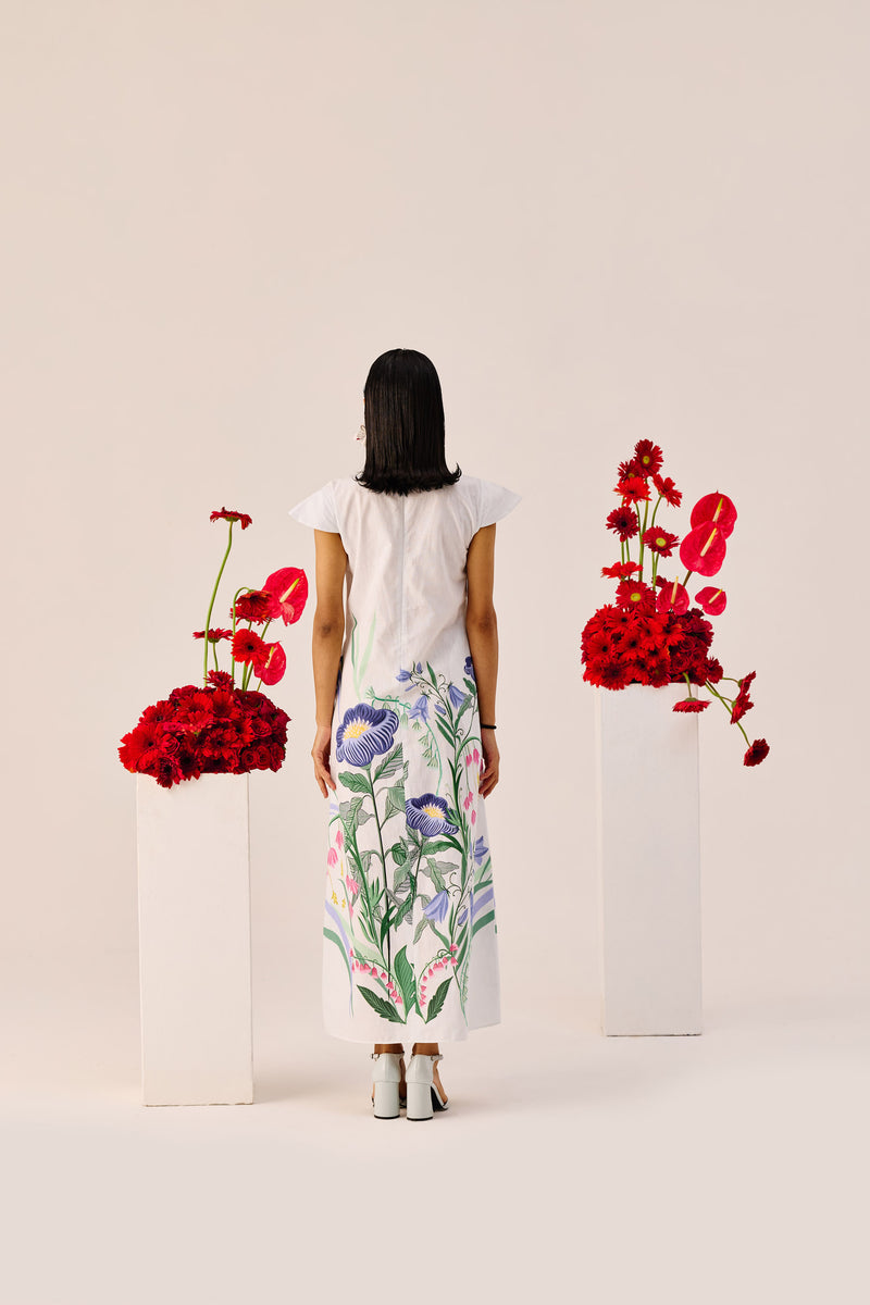 White Floral Flutter-Sleeve Maxi Dress