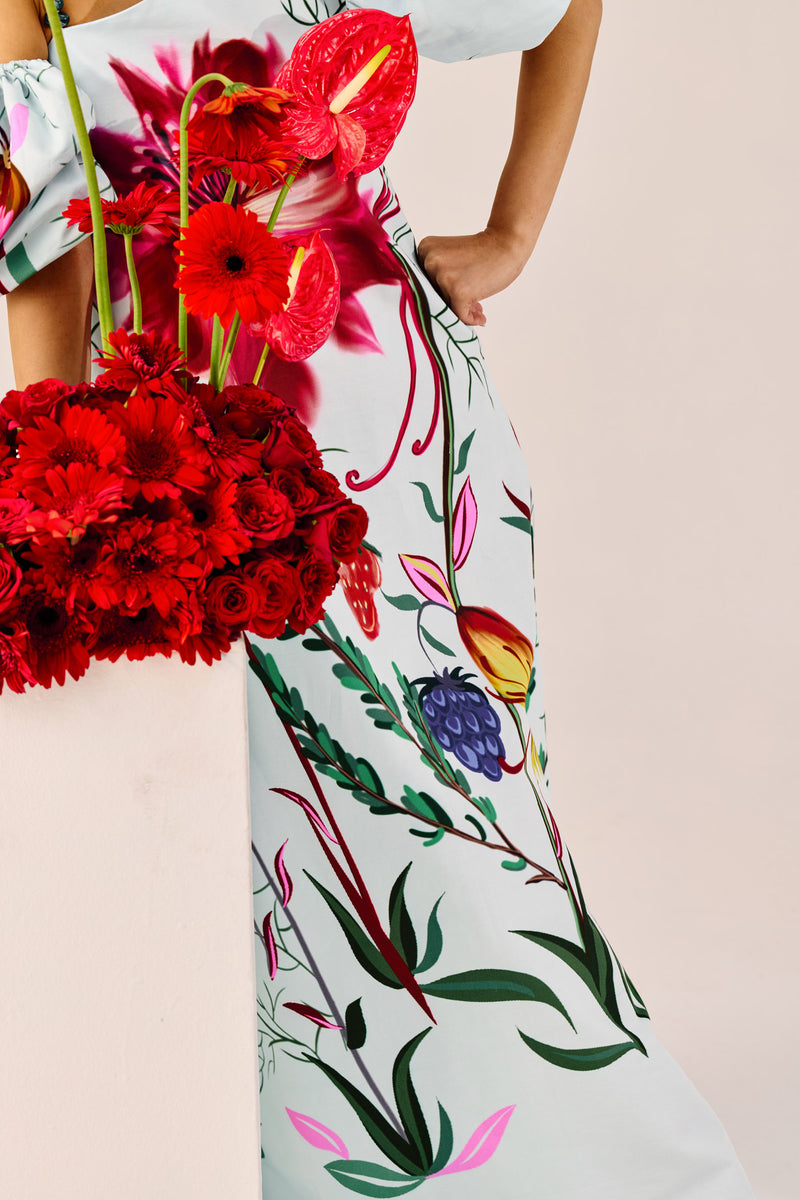 Ice Blue Floral One-Shoulder Maxi Dress – Statement Puff Sleeve