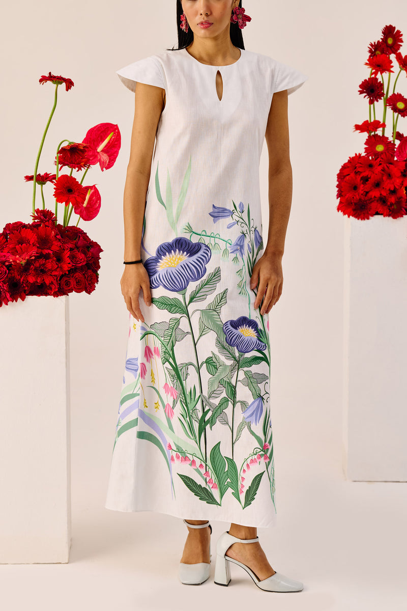 White Floral Flutter-Sleeve Maxi Dress