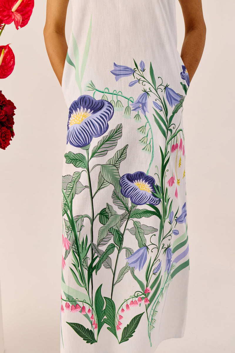 White Floral Flutter-Sleeve Maxi Dress