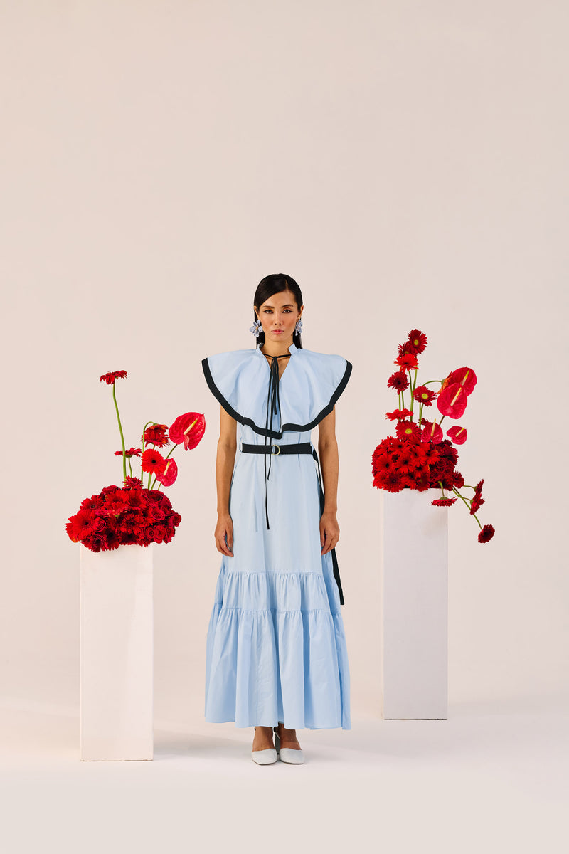 Light Blue Ruffle Maxi Dress with Contrast Trim