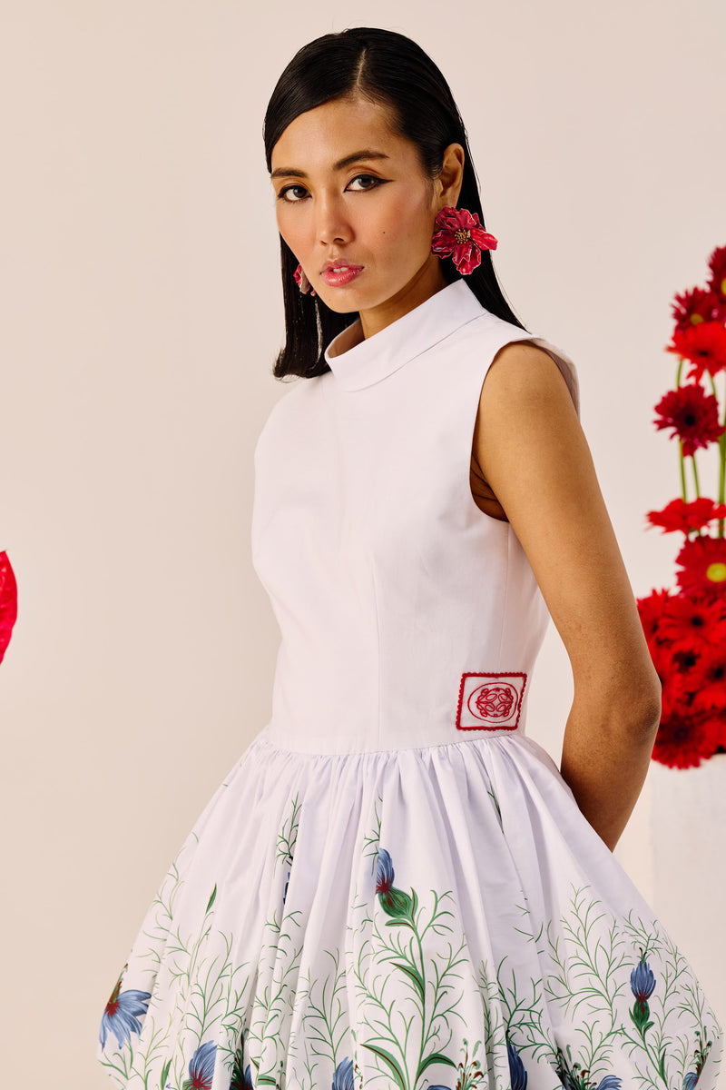 White Balloon-Hem Floral Mini Dress