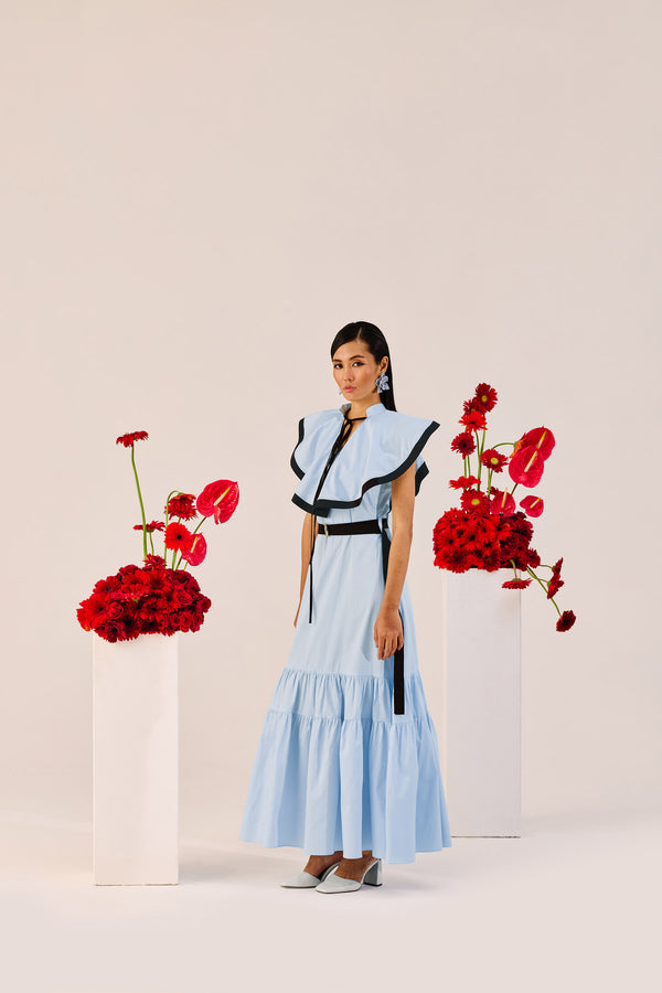 Light Blue Ruffle Maxi Dress with Contrast Trim