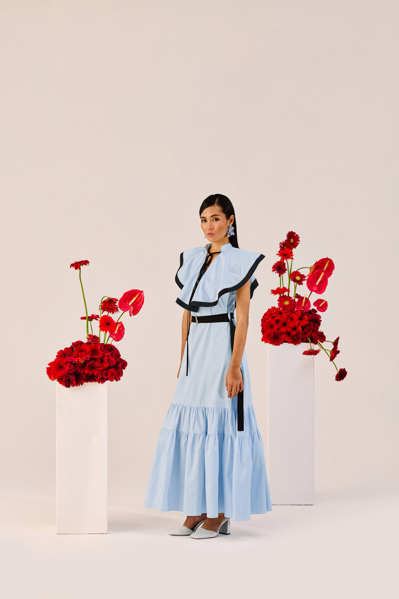 Light Blue Ruffle Maxi Dress with Contrast Trim