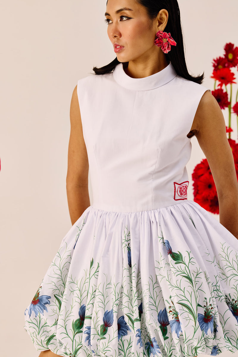 White Balloon-Hem Floral Mini Dress