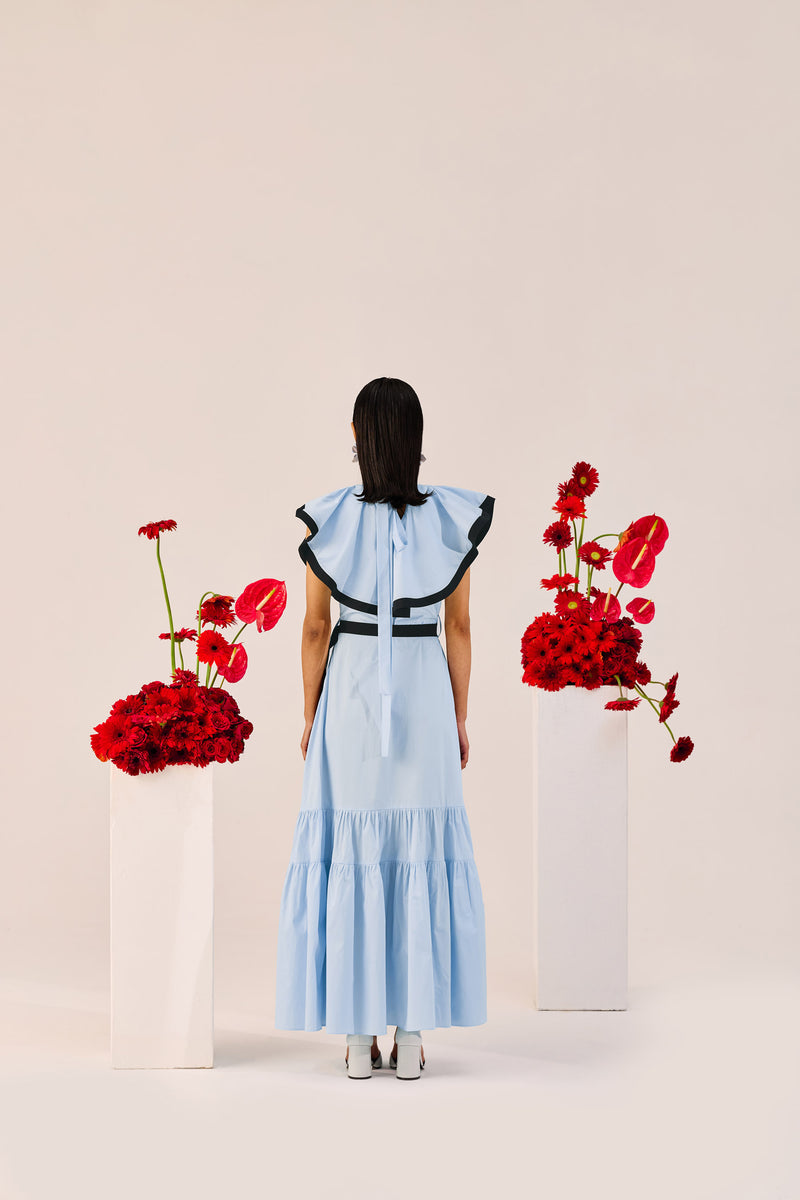 Light Blue Ruffle Maxi Dress with Contrast Trim