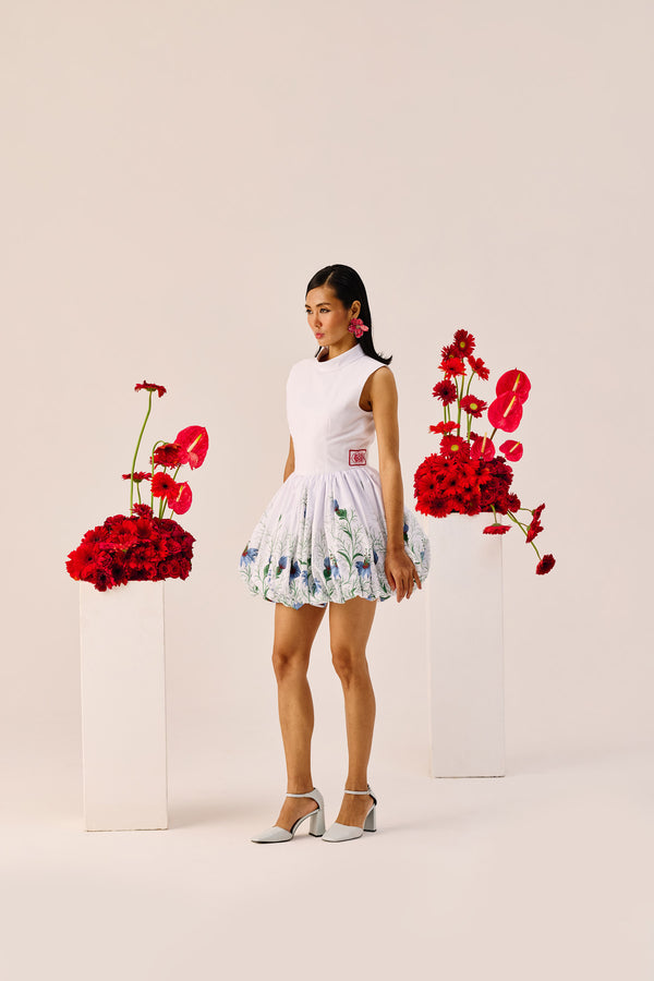 White Balloon-Hem Floral Mini Dress