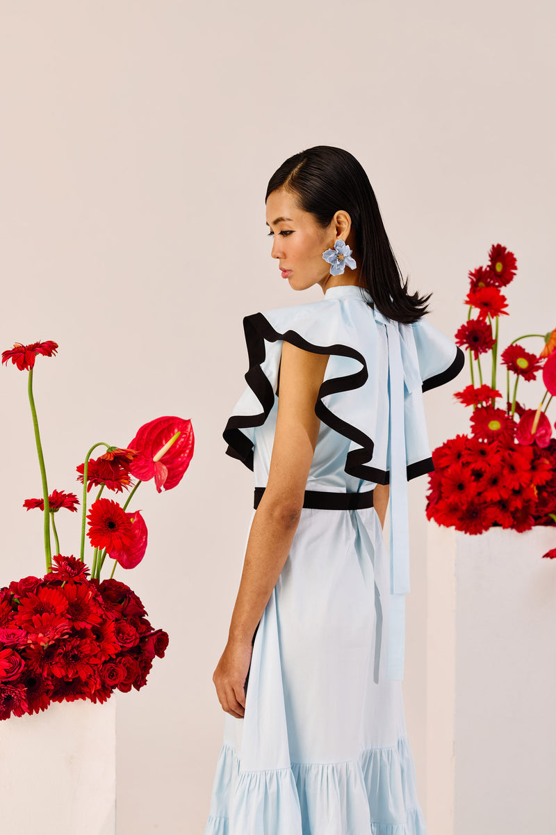 Light Blue Ruffle Maxi Dress with Contrast Trim