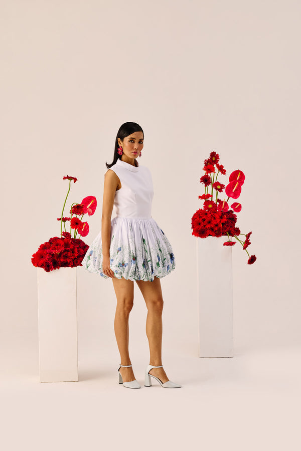 White Balloon-Hem Floral Mini Dress