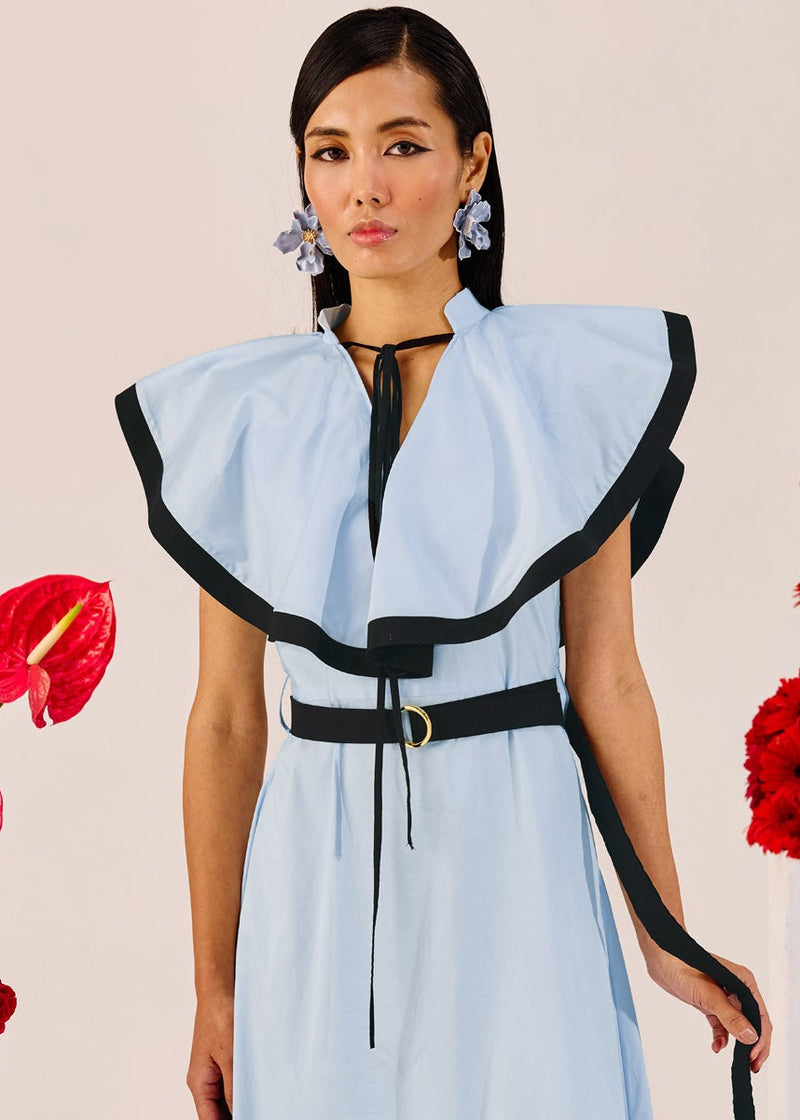 Light Blue Ruffle Maxi Dress with Contrast Trim