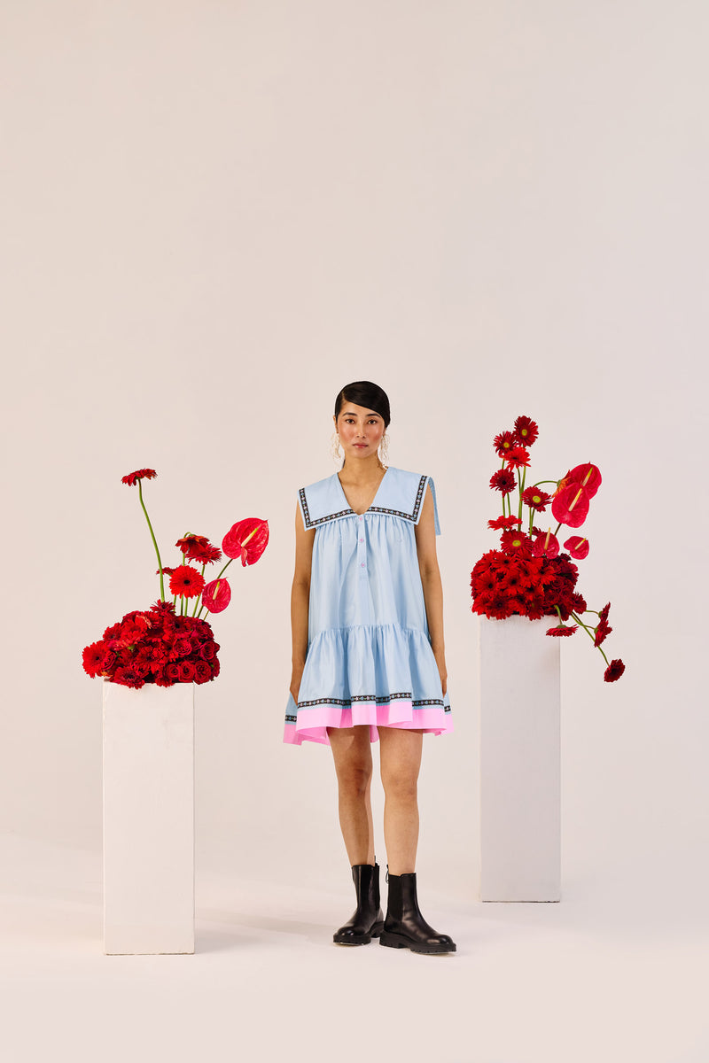 Pastel Blue A-Line Mini Dress with Pink Contrast Hem