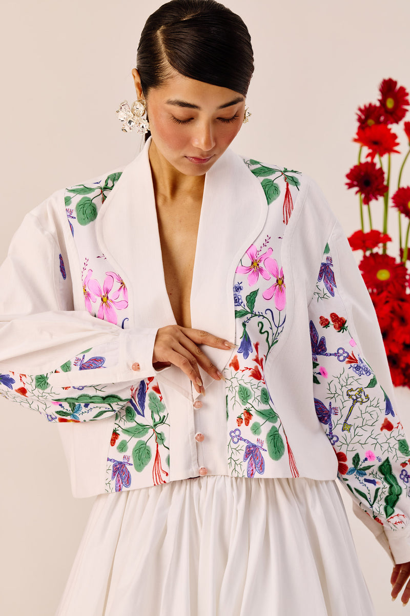 White Floral Printed Crop Jacket