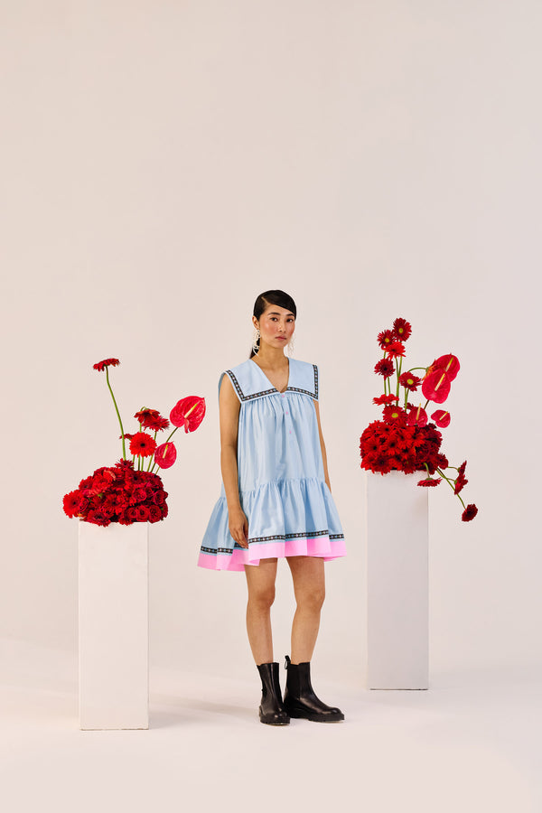 Pastel Blue A-Line Mini Dress with Pink Contrast Hem