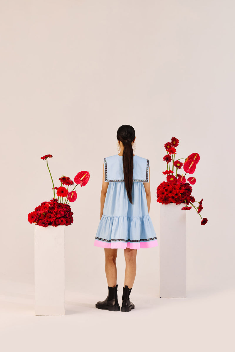 Pastel Blue A-Line Mini Dress with Pink Contrast Hem