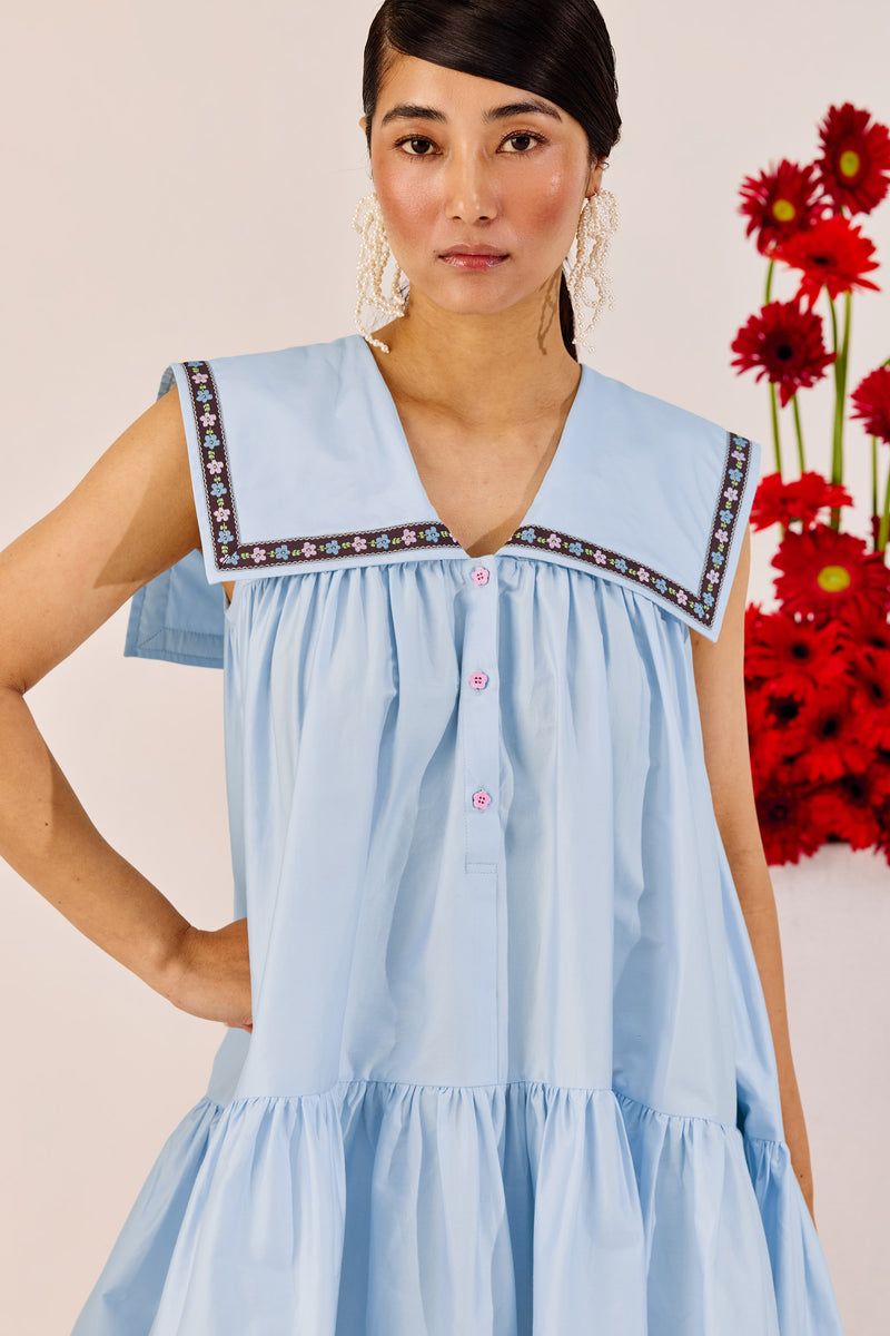 Pastel Blue A-Line Mini Dress with Pink Contrast Hem