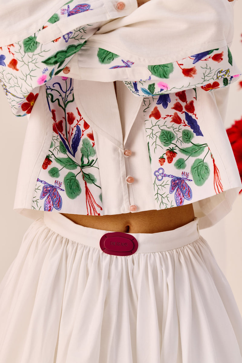 White Floral Printed Crop Jacket