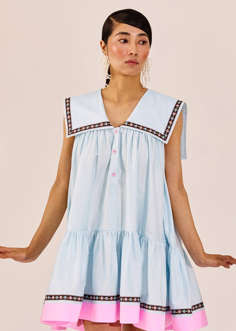 Pastel Blue A-Line Mini Dress with Pink Contrast Hem