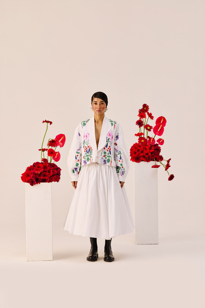 White Floral Printed Crop Jacket