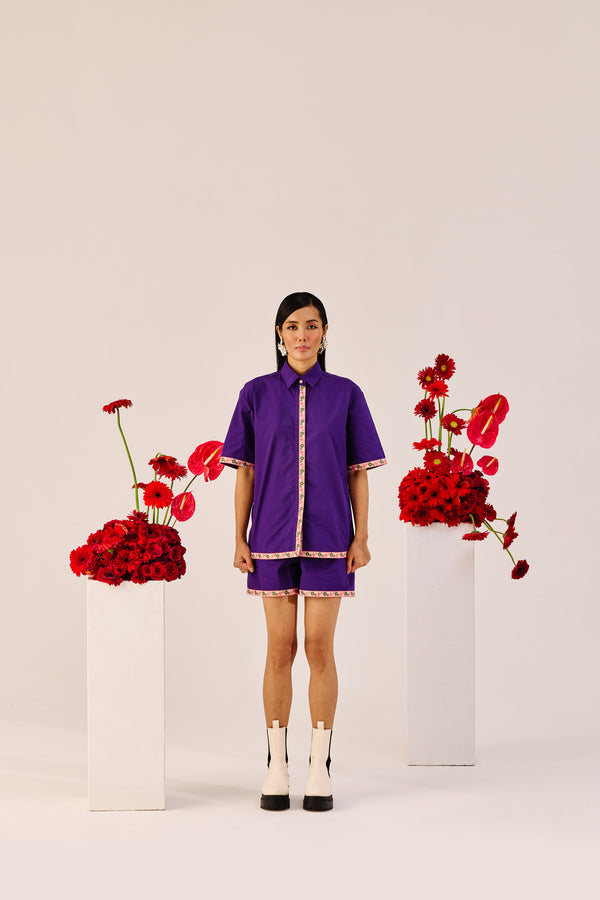 Purple Embroidered Cotton Co-Ord Set | Shirt & Shorts