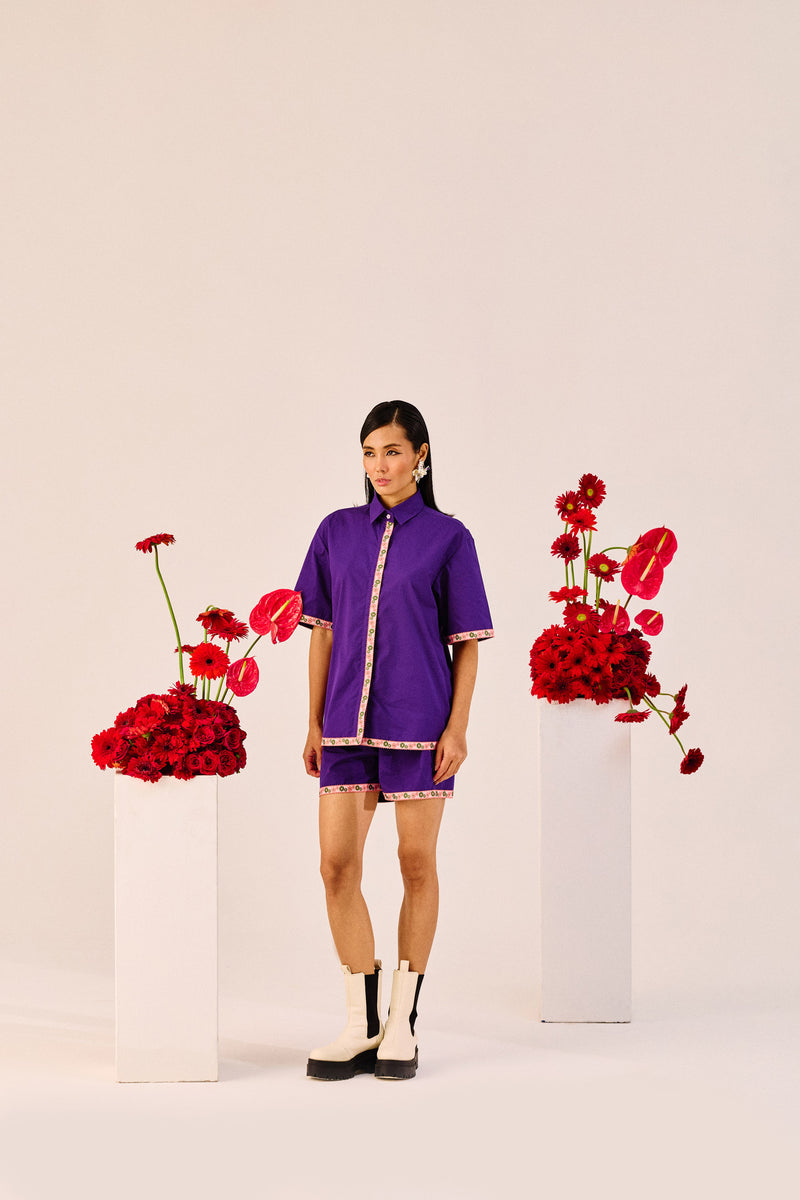 Purple Embroidered Cotton Co-Ord Set | Shirt & Shorts