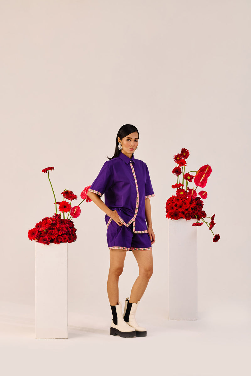 Purple Embroidered Cotton Co-Ord Set | Shirt & Shorts