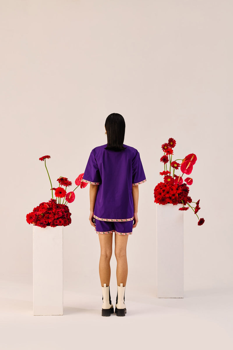 Purple Embroidered Cotton Co-Ord Set | Shirt & Shorts