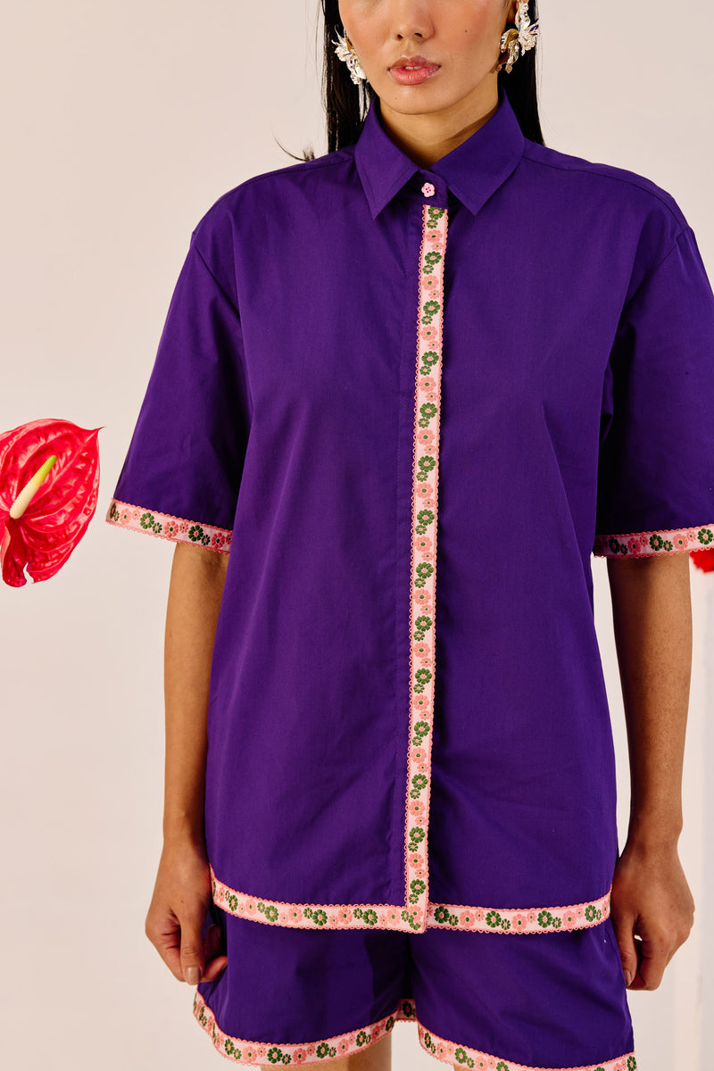Purple Embroidered Cotton Co-Ord Set | Shirt & Shorts