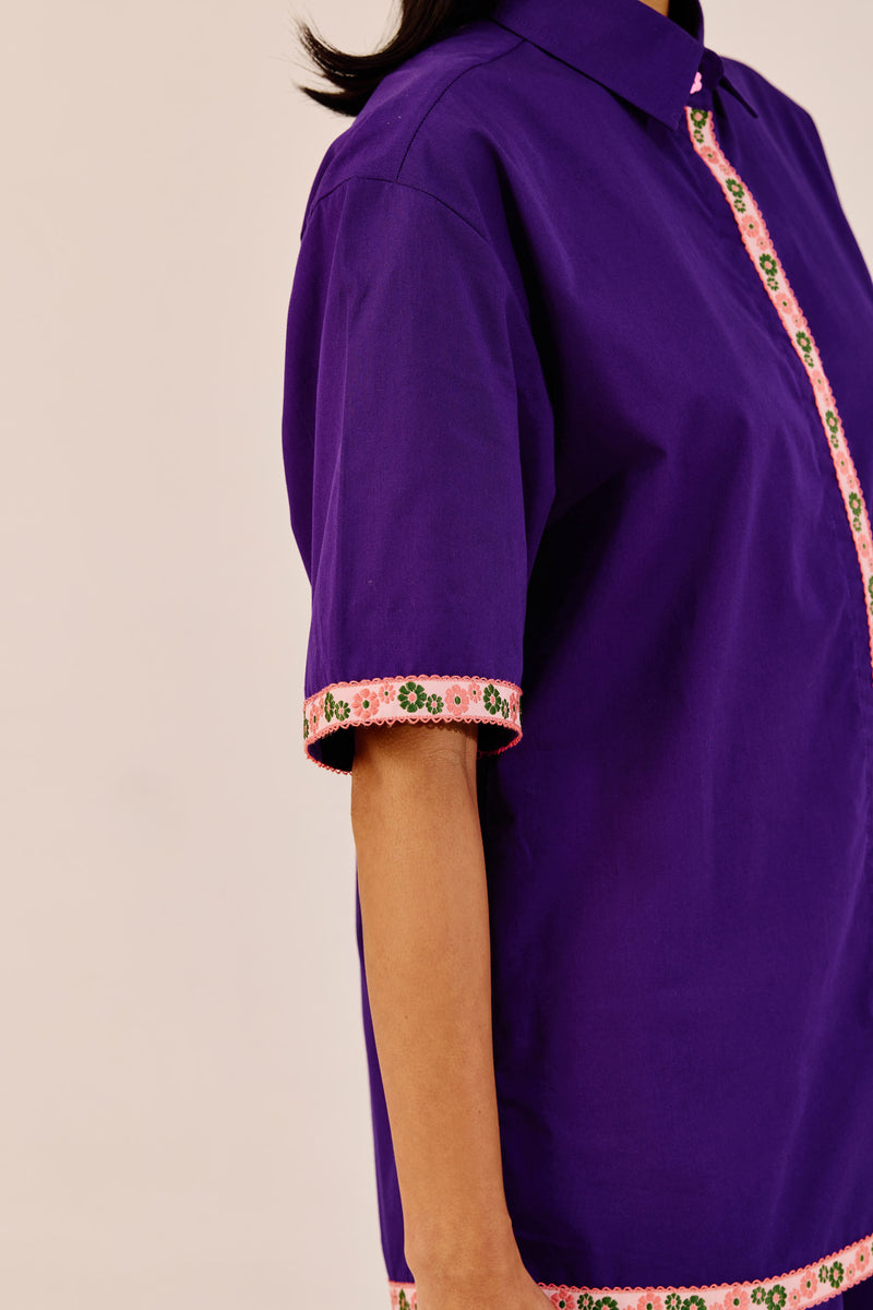 Purple Embroidered Cotton Co-Ord Set | Shirt & Shorts