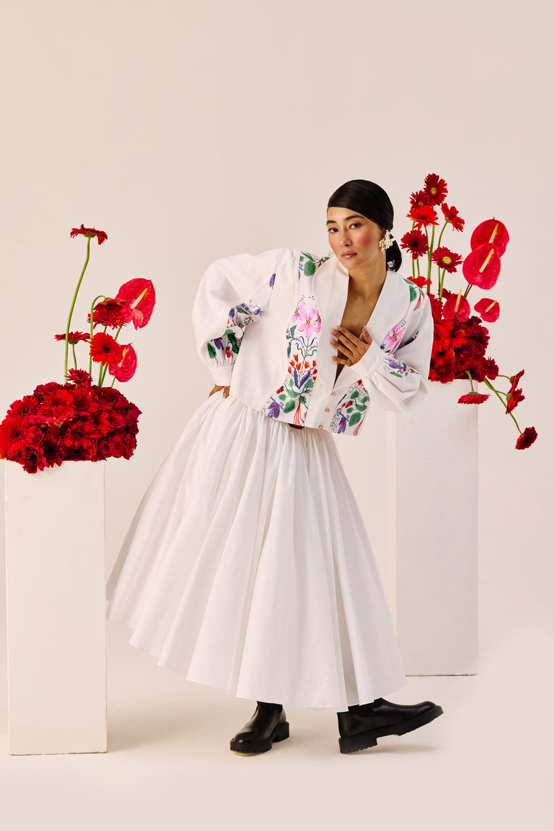 White Floral Printed Crop Jacket