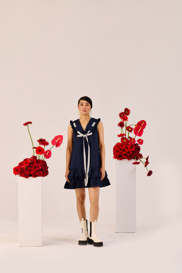 Navy Blue Ruffle Mini Dress with Contrast Tie