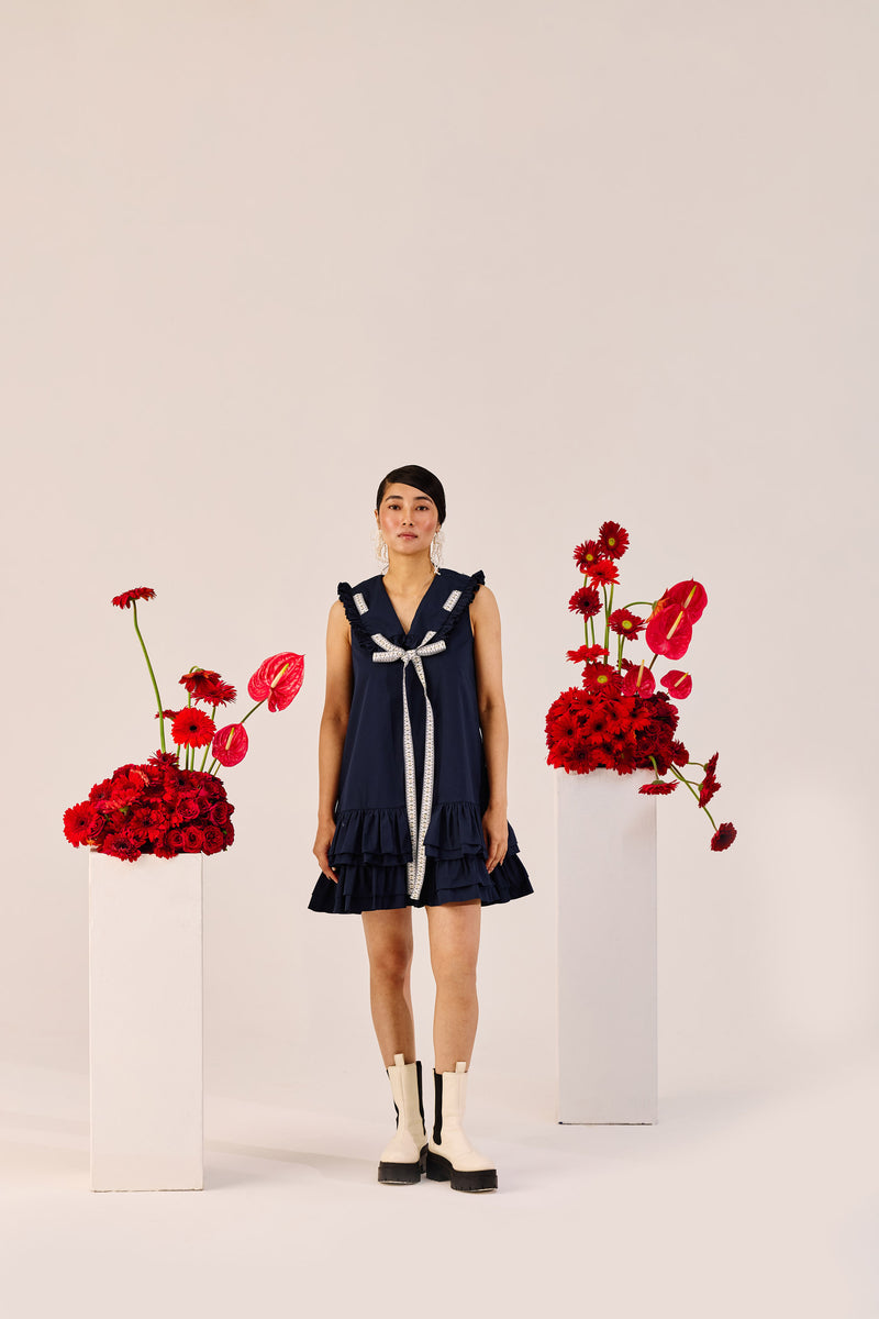 Navy Blue Ruffle Mini Dress with Contrast Tie