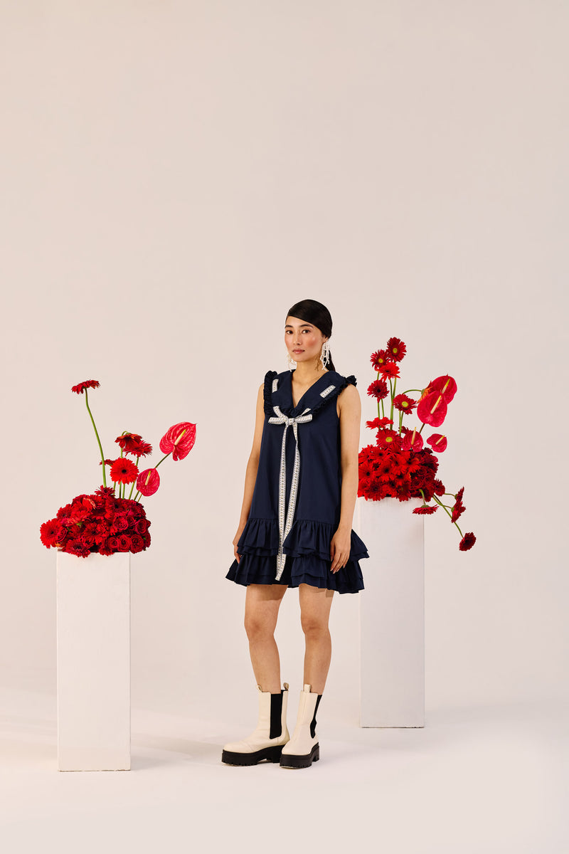 Navy Blue Ruffle Mini Dress with Contrast Tie