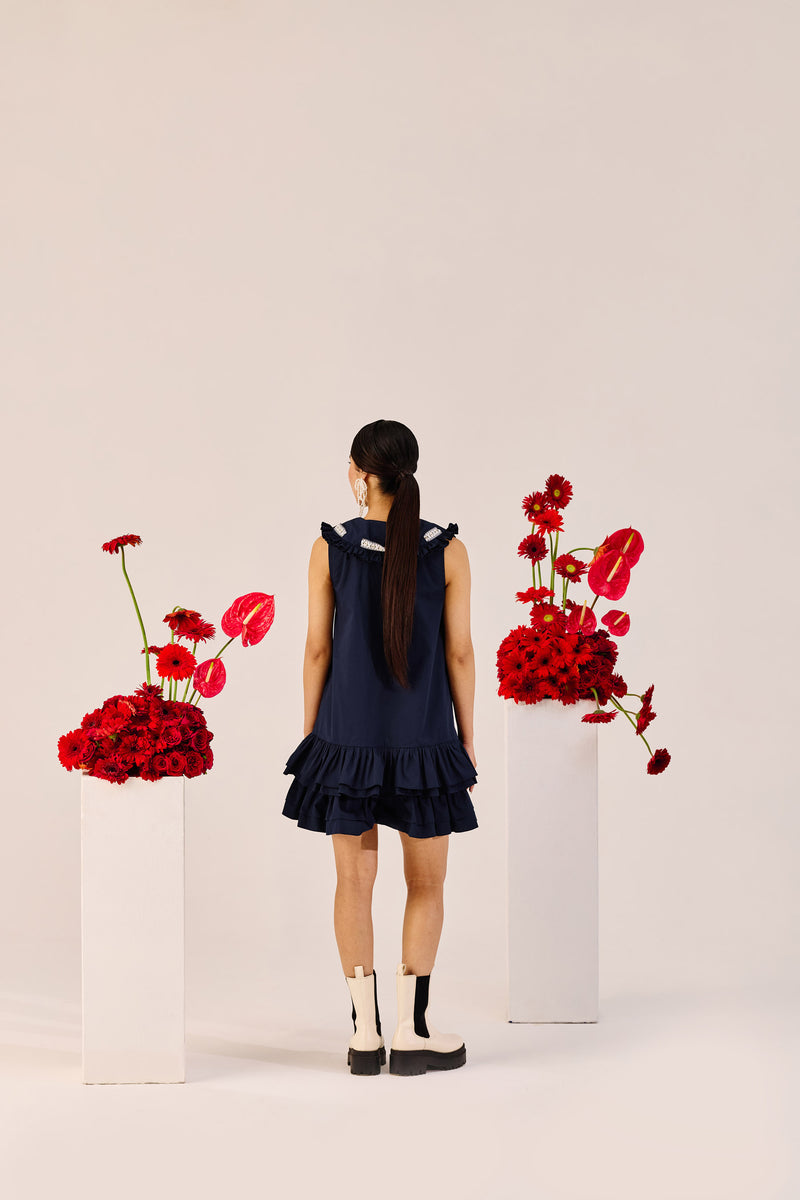 Navy Blue Ruffle Mini Dress with Contrast Tie