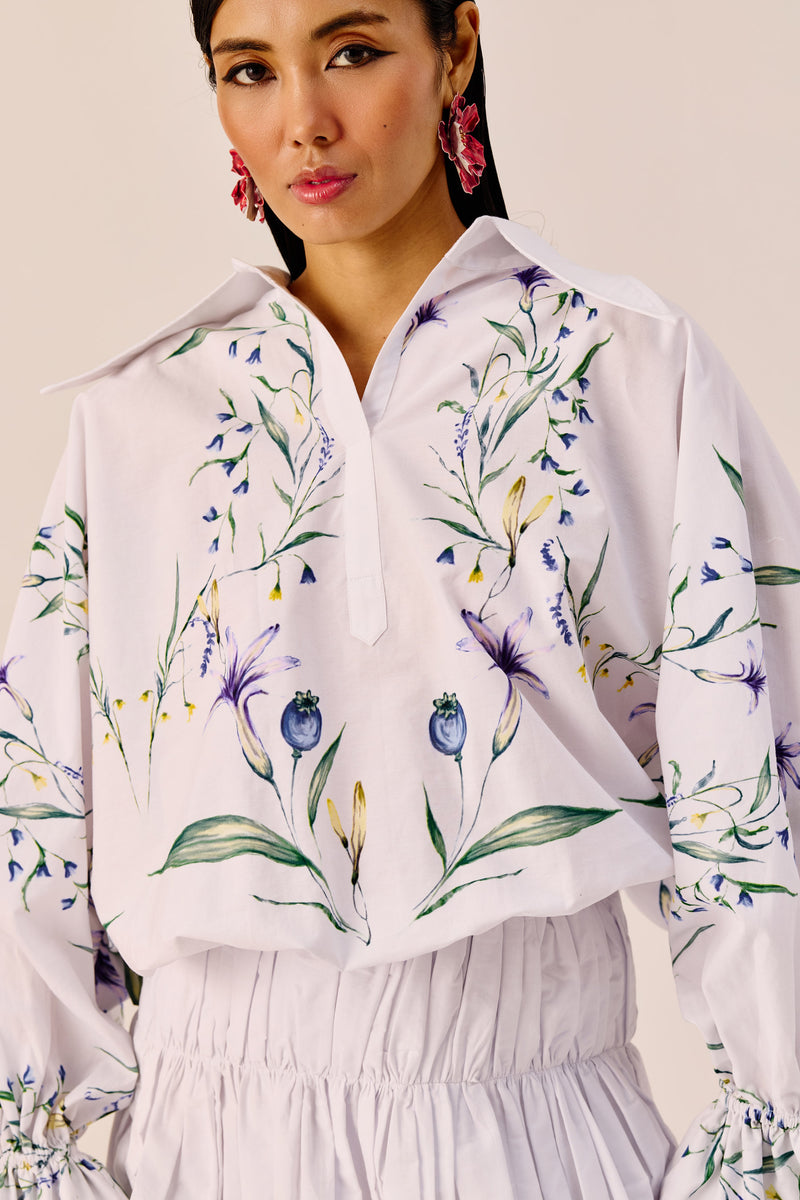 White Floral Embroidered Balloon Mini Dress