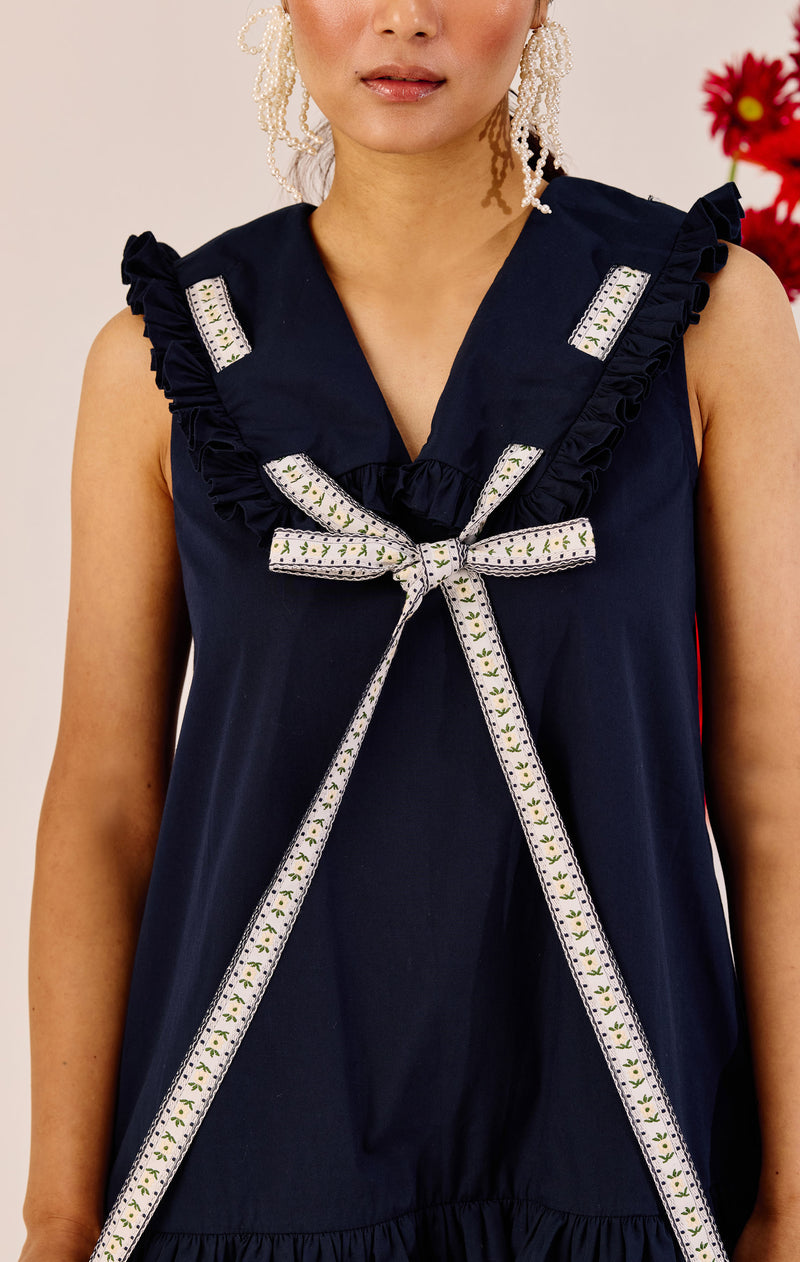 Navy Blue Ruffle Mini Dress with Contrast Tie