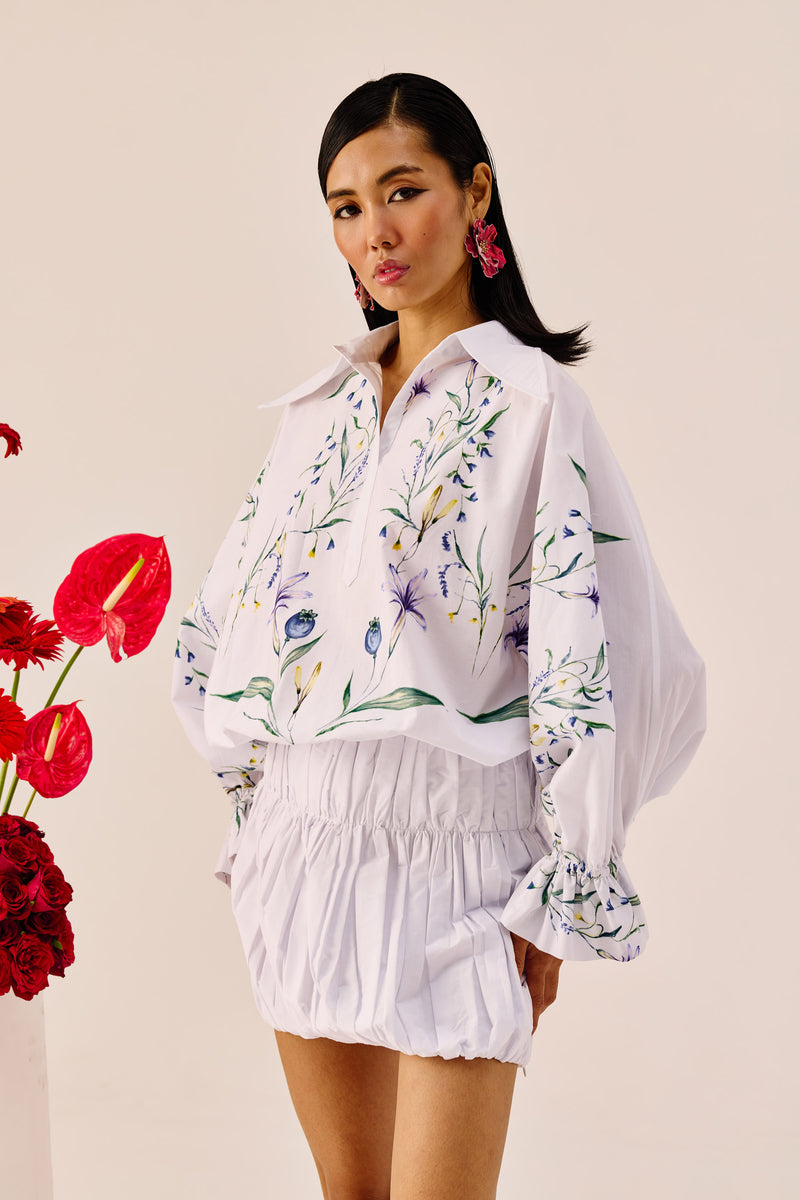 White Floral Embroidered Balloon Mini Dress