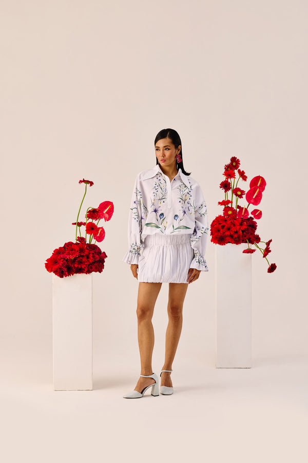 White Floral Embroidered Balloon Mini Dress