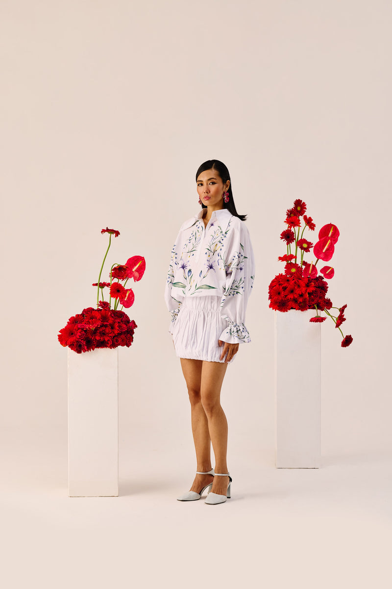 White Floral Embroidered Balloon Mini Dress